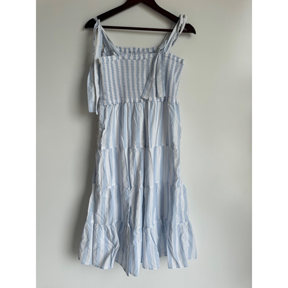 J. Crew Blue White Striped Smocked Tiered Maxi Dress Coastal Women Medium Beach